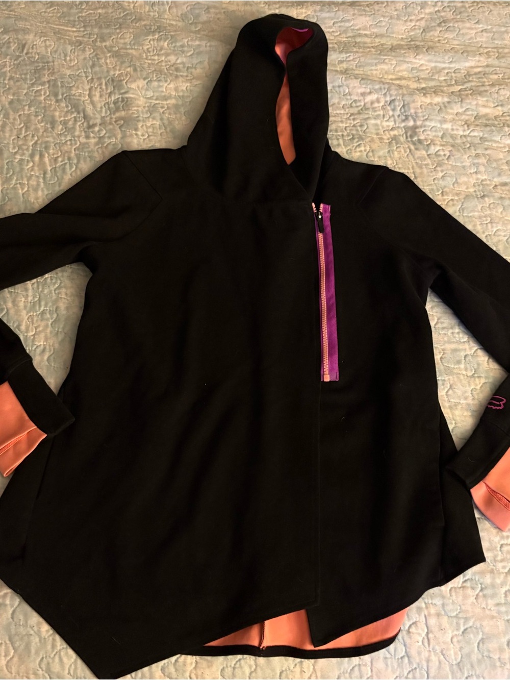 Fox Black Hooded Coat with Pink Lining and Purple Zip